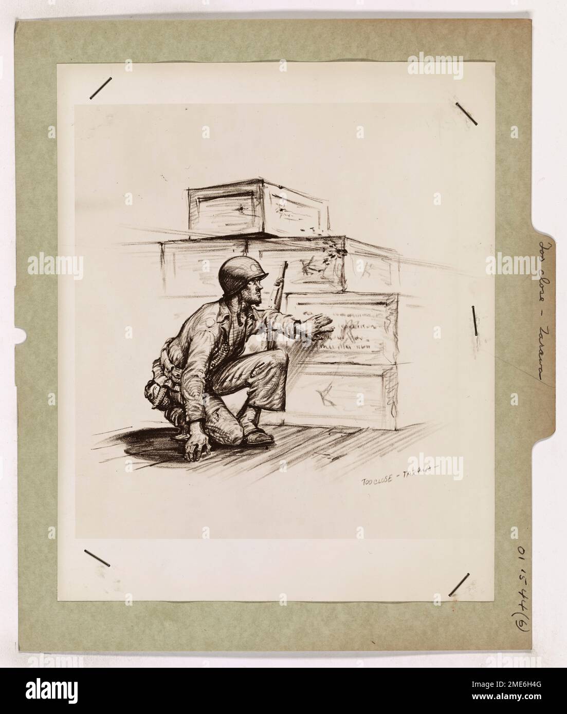 Too Close -- Tarawa. This image depicts a Coast Guardsman ducking behind boxes of K rations to avoid Japanese fire on Tarawa, drawn by Coast Guard Combat Artist Ken Riley. Stock Photo