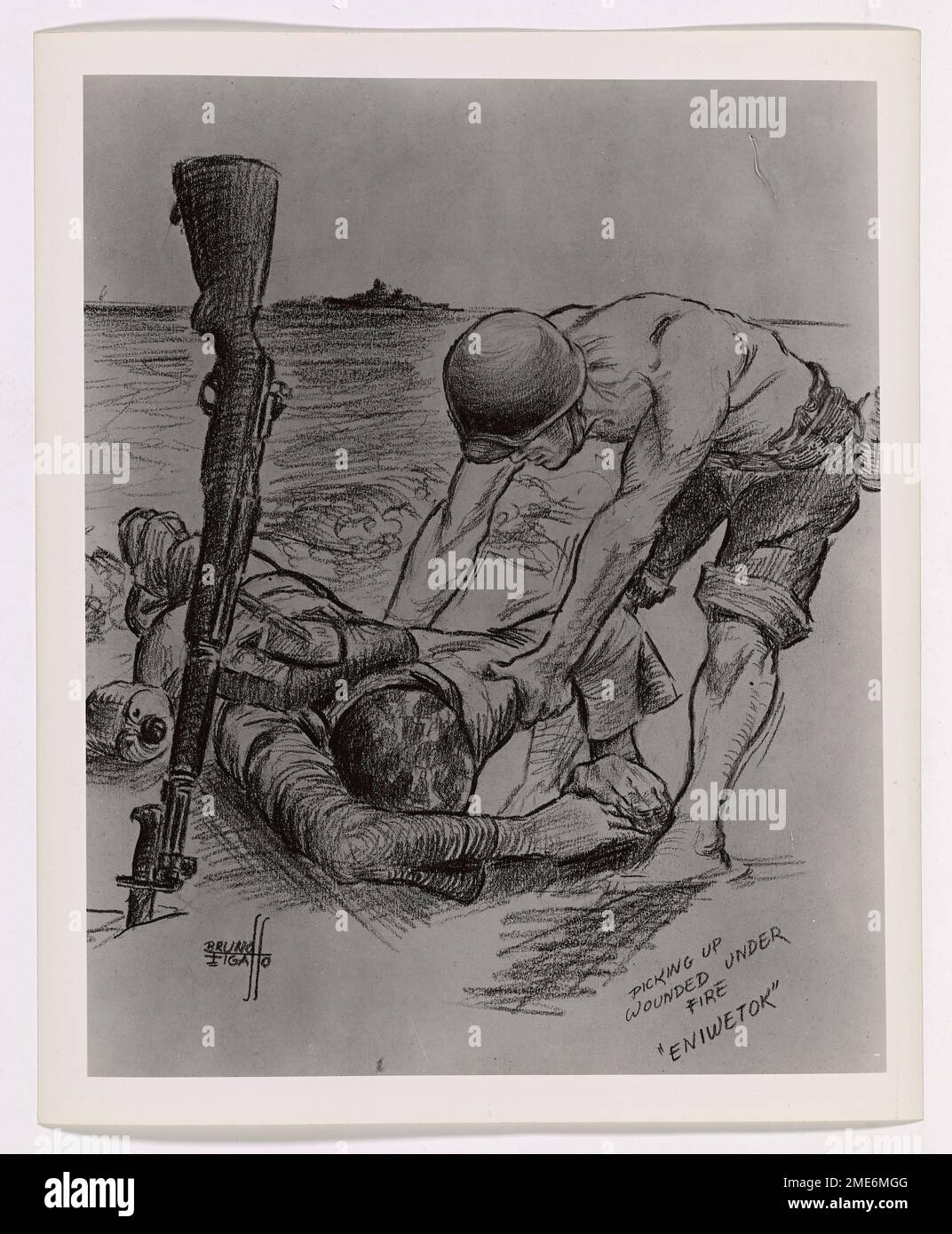 Picking up the Wounded Under Fire. This image depicts artwork of a Coast Guardsman aiding a wounded comrade during the invasion of Eniwetok Atoll, drawn by Coast Guard Combat Artist Bruno Figallo. See also 26-G-09-05-44(2) for caption. Stock Photo