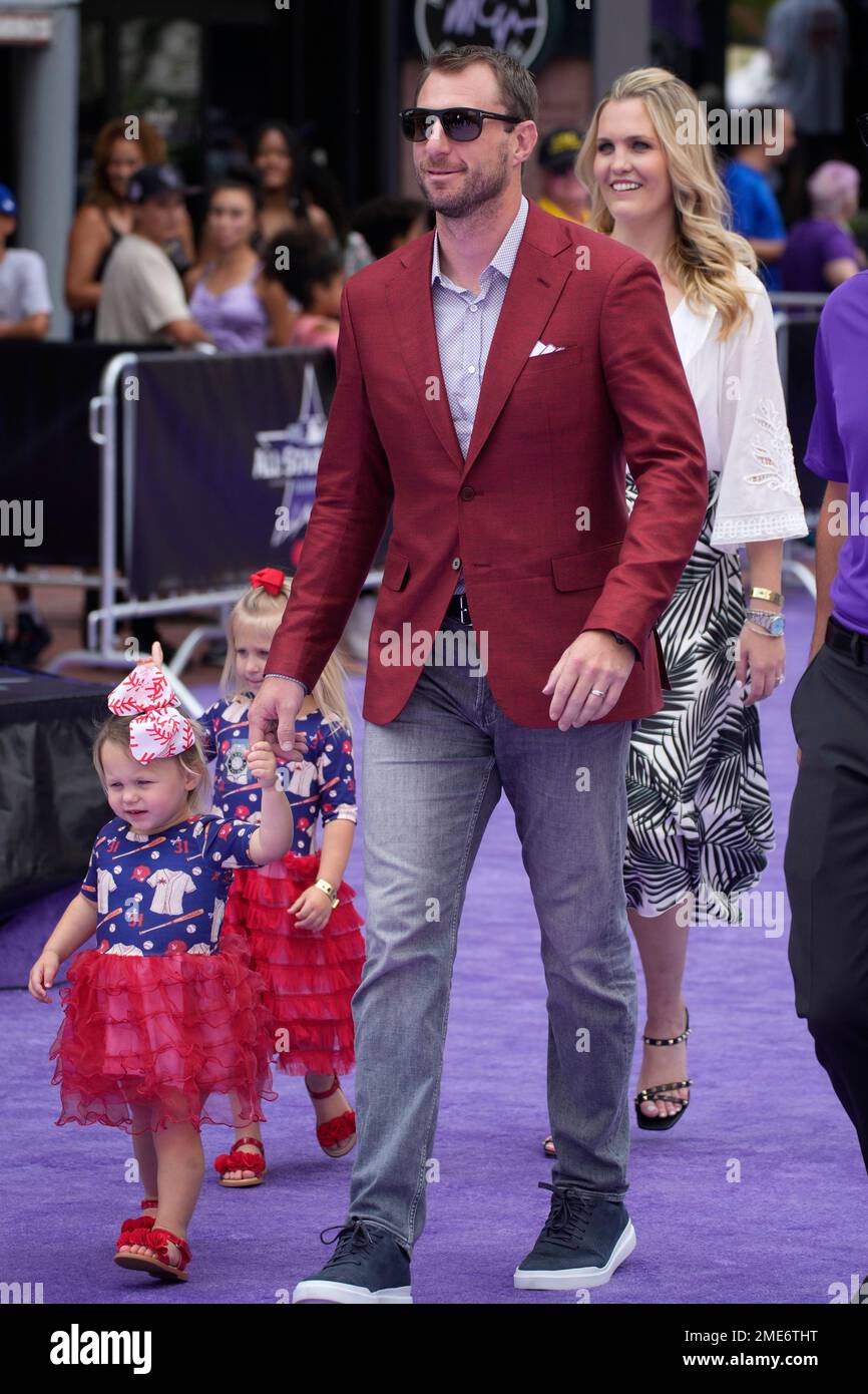 National League's Max Scherzer, of the Washington Nationals, arrives with  his wife Erica and daughters Brooklyn and Kacey at the All Star Red Carpet  event prior to the MLB All-Star baseball game