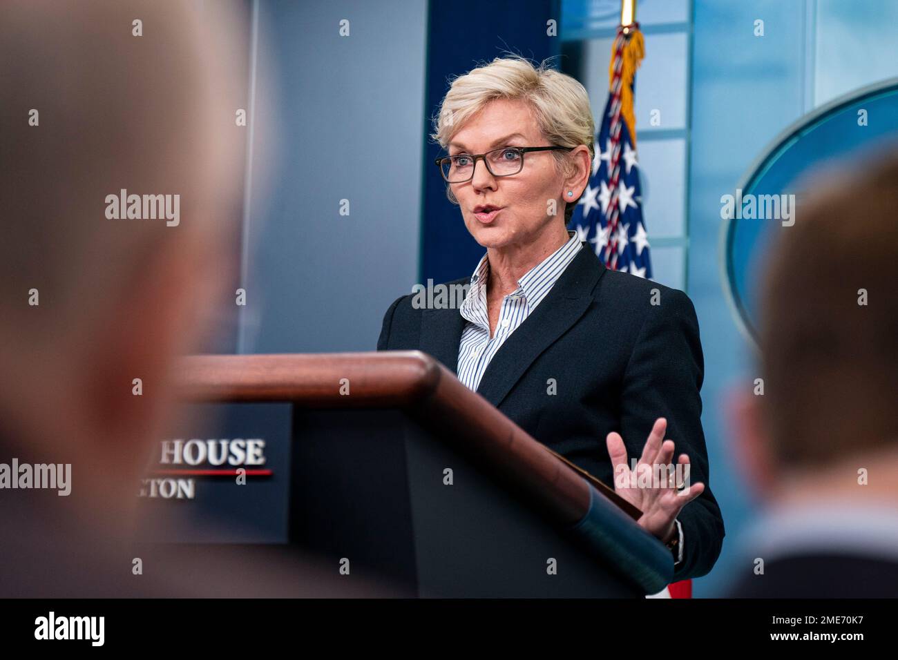 Washington, DC, USA. 23rd Jan, 2023. United States Secretary of Energy Jennifer Granholm, speaks during a news conference in the James S. Brady Press Briefing Room at the White House in Washington, DC, US, on Monday, January 23, 2023. Granholm argued that gasoline prices have dropped $1.60 per gallon since they peaked at more than $5 over the summer, and highlighted US President Biden's call on oil and gas producers to lower their costs for consumers. Credit: Al Drago/Pool via CNP/dpa/Alamy Live News Stock Photo