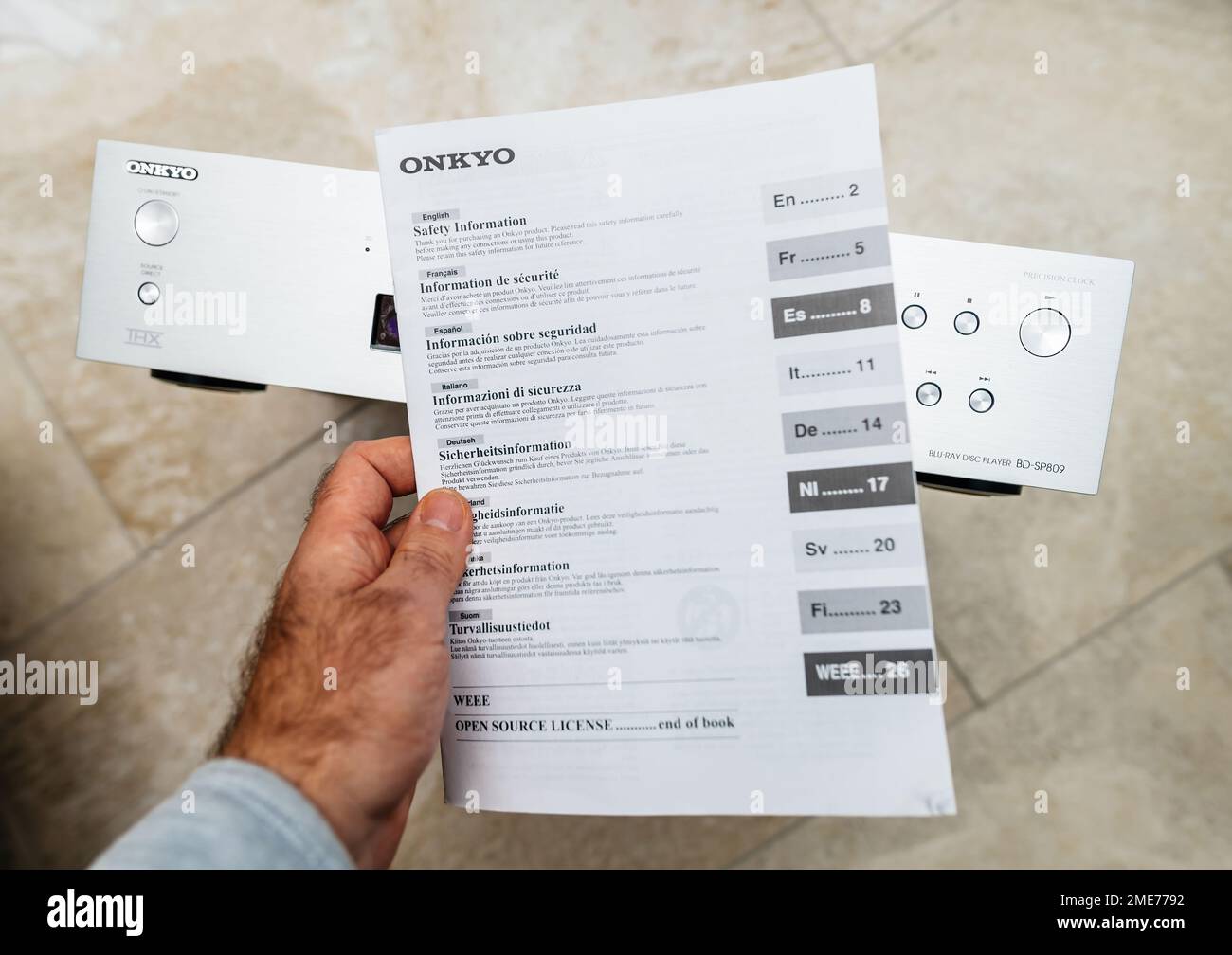 Paris, France - Oct 18, 2023: POV male hand holding paper safety  information, and user manual of Onkyo BD-SP809 top-of-the-range Blu-ray  deck Stock Photo - Alamy