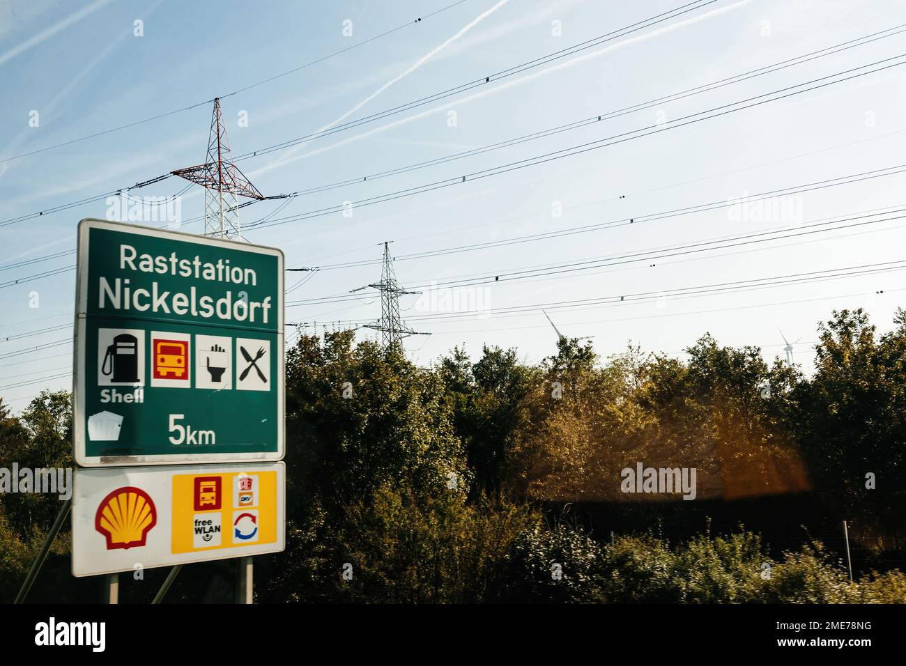 Austria - Sep 30, 2014: Raststation Nickelsdorf - gas station with Shell gas station, sign free wlan, toilet, restaurant and visa permit control Stock Photo