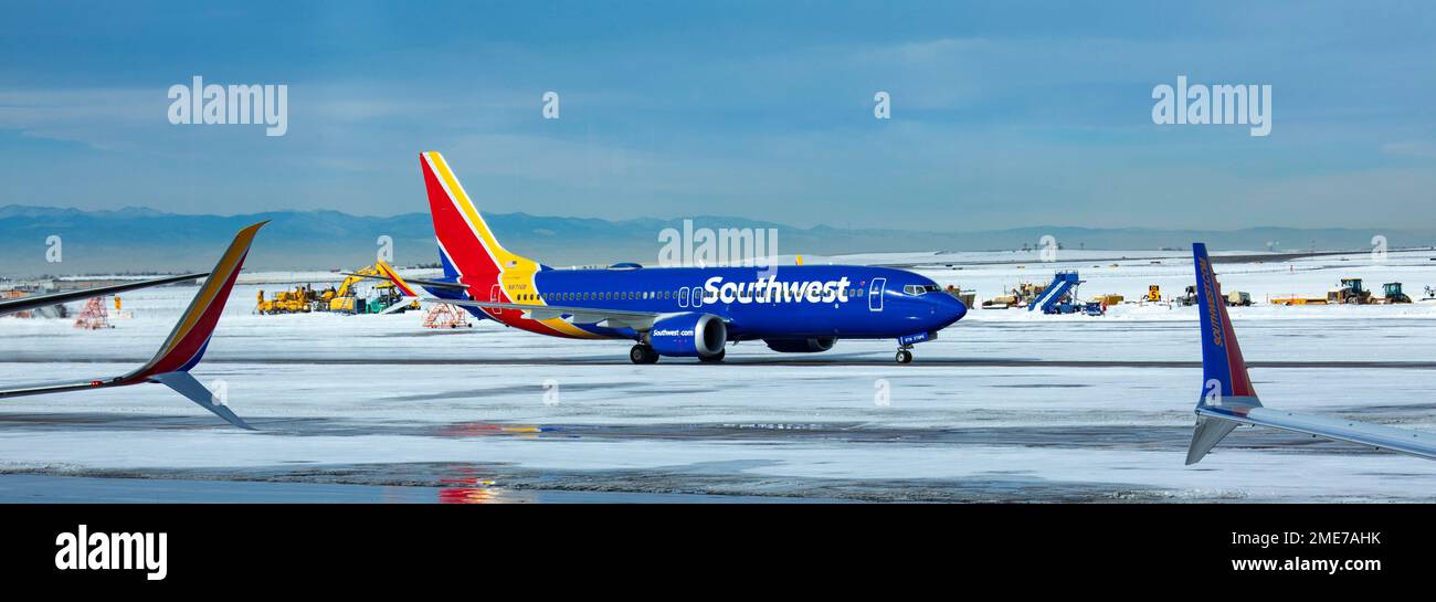 Denver, Colorado Southwest Airlines jets on the ground after a snowstorm at Denver