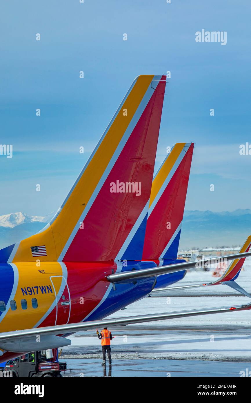 Denver, Colorado - Southwest Airlines jets on the ground after a snowstorm at Denver International Airport. Stock Photo