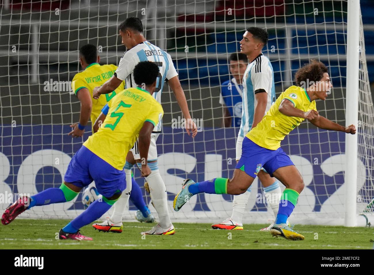 Brazil's Guilherme, right, celebrates scoring the opening goal during a