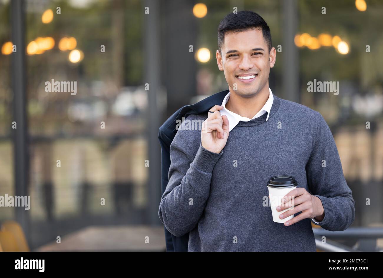 City portrait, coffee break and happy businessman walking, smile and on