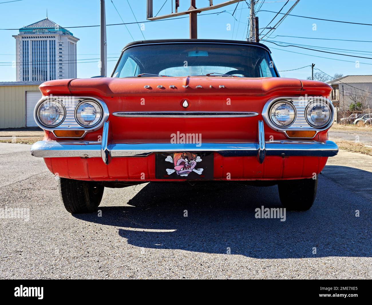 Vintage 1963 Chevrolet or Chevy Corvair 900 Monza Spyder car or automobile front view of the grill. Stock Photo