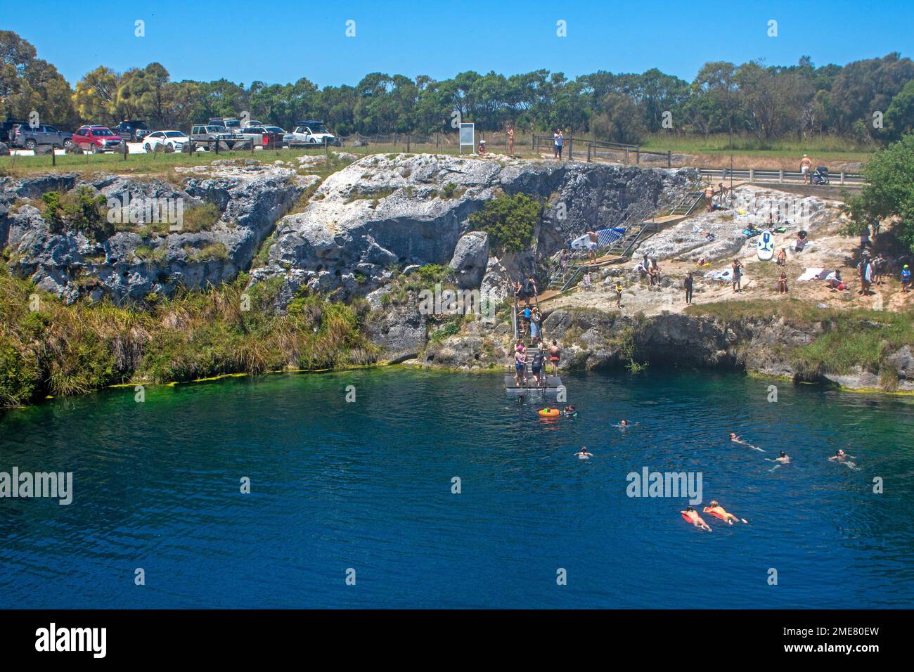 Swimming at Little Blue Lake, Mount Gambier Stock Photo