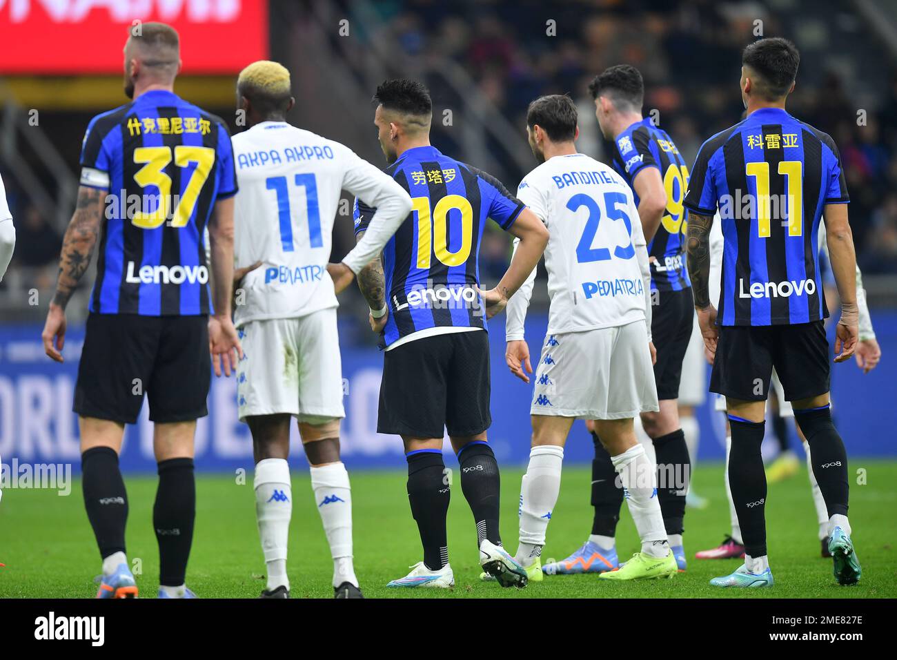 Milan, Italy. 23rd Jan, 2023. Inter Milan's players in jerseys printed with their names in Chinese are seen during a Serie A football match between Inter Milan and Empoli in Milan, Italy, Jan. 23, 2023. Inter Milan's players on Monday wore jerseys printed with their names in Chinese to celebrate the Chinese Lunar New Year. Credit: Daniele Mascolo/Xinhua/Alamy Live News Stock Photo