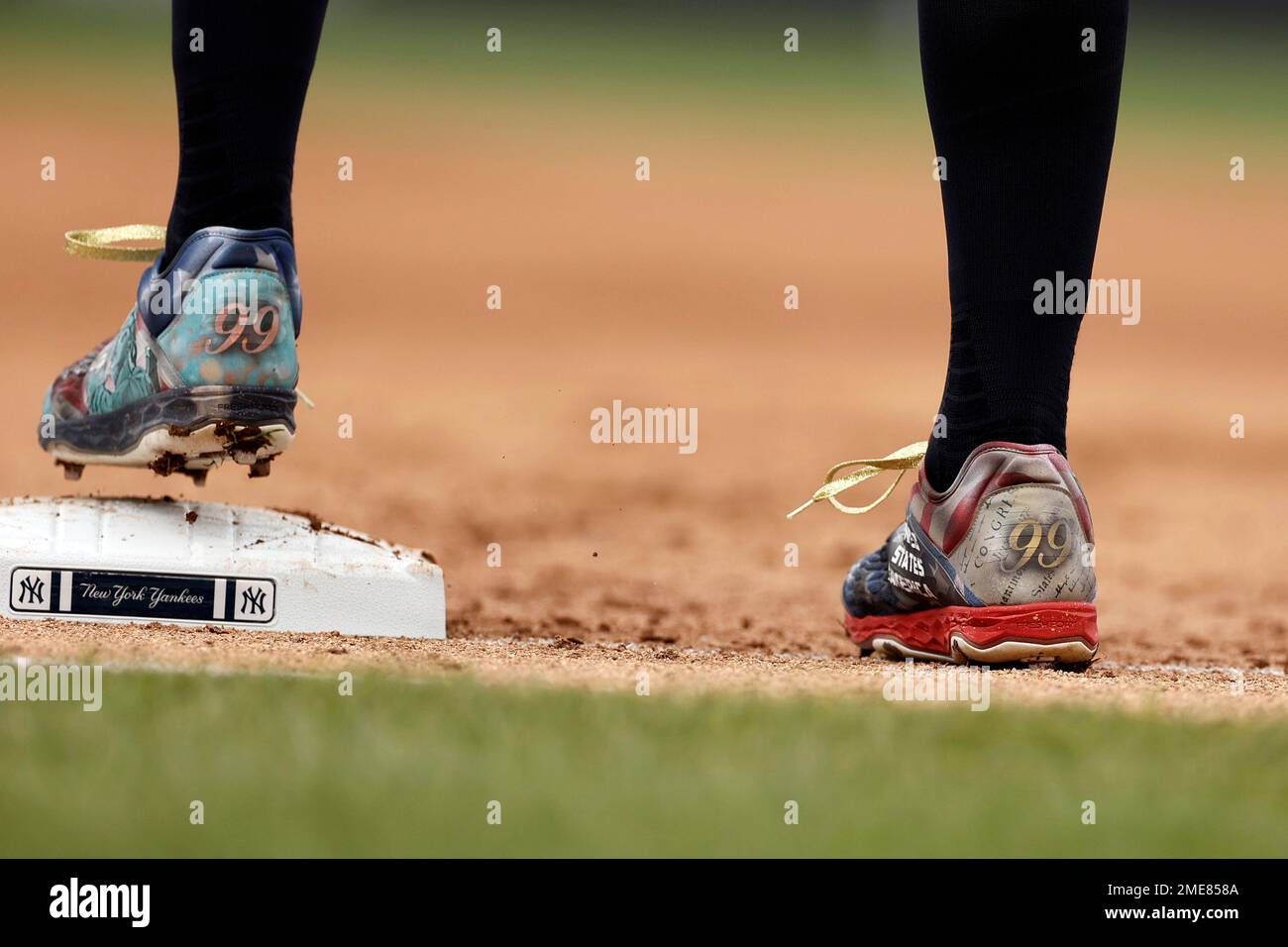 The cleats of New York Yankees' Aaron Judge are viewed during the