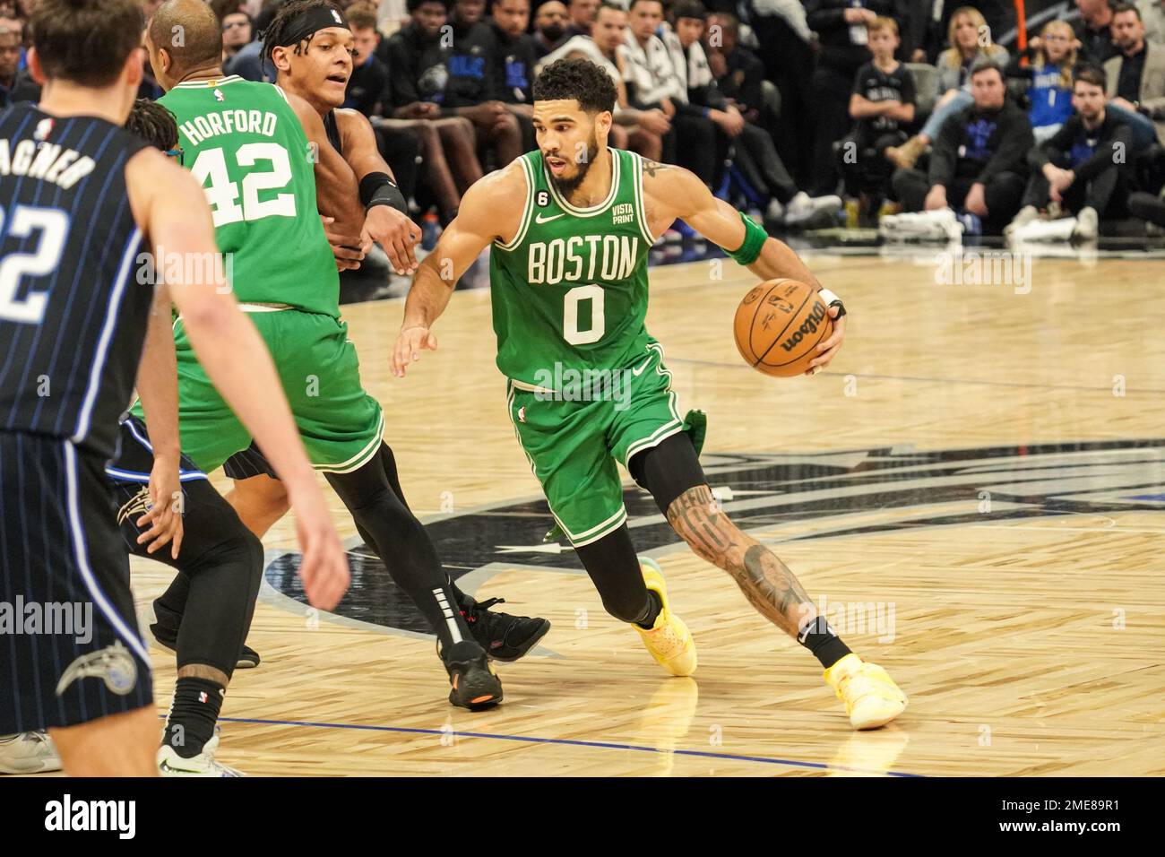 BOSTON, MASSACHUSETTS – JANUARY 19: The shoes of Jayson Tatum #0 of the  Boston Celtics during the second half at TD Garden on January 19, 2023 in  Boston, Massachusetts. The Celtics defeat