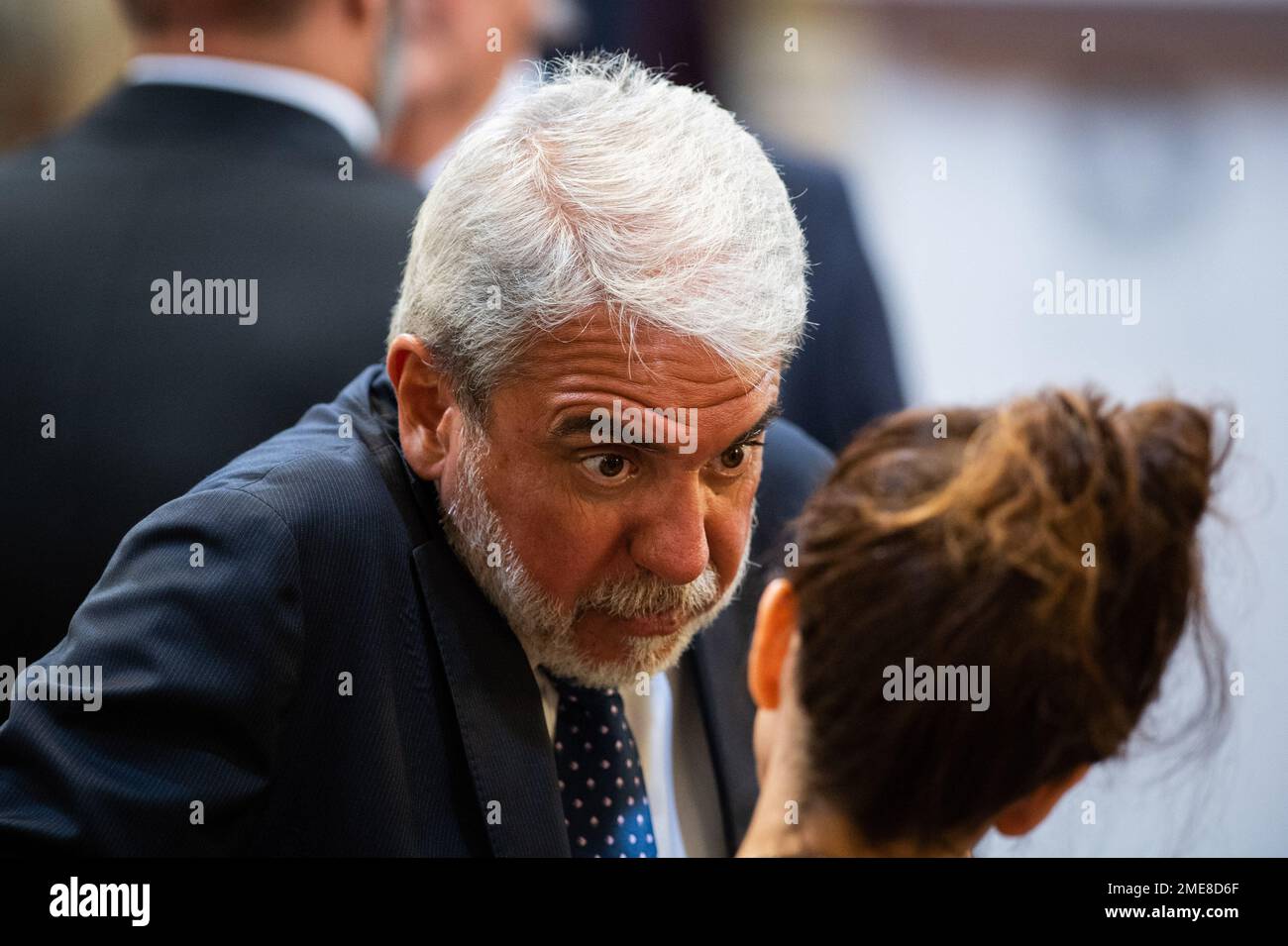Buenos Aires, Argentina. 23rd Jan, 2023. Anibal Fernandez (L), Minister of Security of the Argentine Nation, reacts during a press conference between Brazilian President Luiz Inacio Lula Da Silva and Argentina's President Alberto Fernandez at the government house in Buenos Aires. Credit: SOPA Images Limited/Alamy Live News Stock Photo