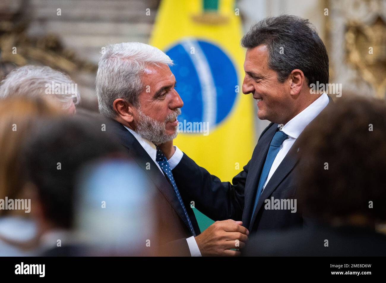 Buenos Aires, Argentina. 23rd Jan, 2023. Anibal Fernandez (L), Minister of Security of the Argentine Nation speaks with the Minister of Economy Sergio Massa (R), during a press conference between Brazilian President Luiz Inacio Lula Da Silva and Argentina's President Alberto Fernandez at the government house in Buenos Aires. Credit: SOPA Images Limited/Alamy Live News Stock Photo