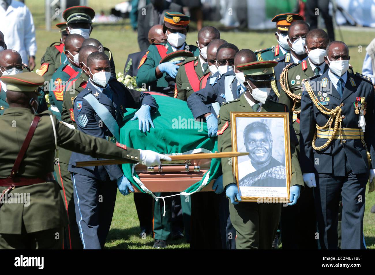 Pallbearers carry the coffin of Kaunda , founding President of