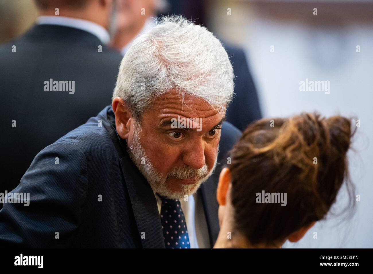 Buenos Aires, Argentina. 23rd Jan, 2023. Anibal Fernandez (L), Minister of Security of the Argentine Nation, reacts during a press conference between Brazilian President Luiz Inacio Lula Da Silva and Argentina's President Alberto Fernandez at the government house in Buenos Aires. (Photo by Manuel Cortina/SOPA Images/Sipa USA) Credit: Sipa USA/Alamy Live News Stock Photo
