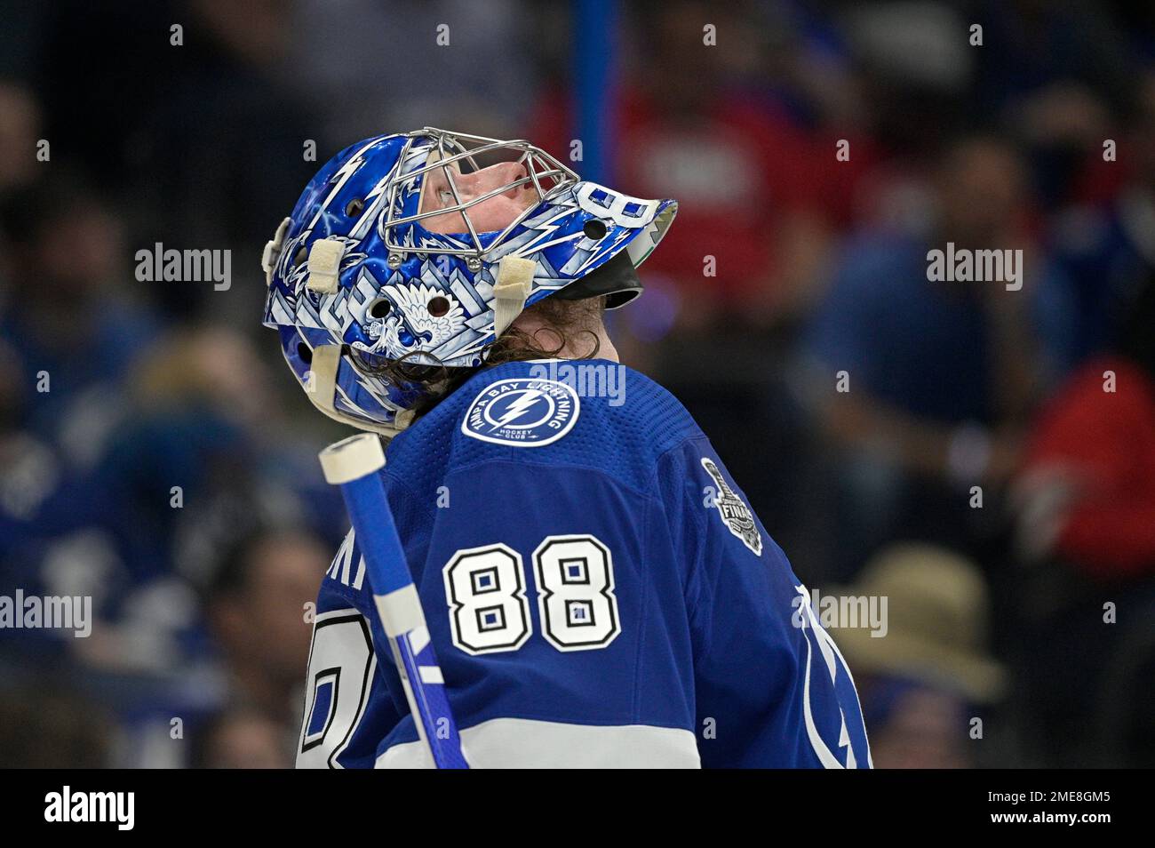 Tampa Bay Lightning goaltender Andrei Vasilevskiy (88) makes a blocker save  against the Toronto Maple Leafs during first period, first round, game  seven NHL Stanley Cup playoff hockey action in Toronto on