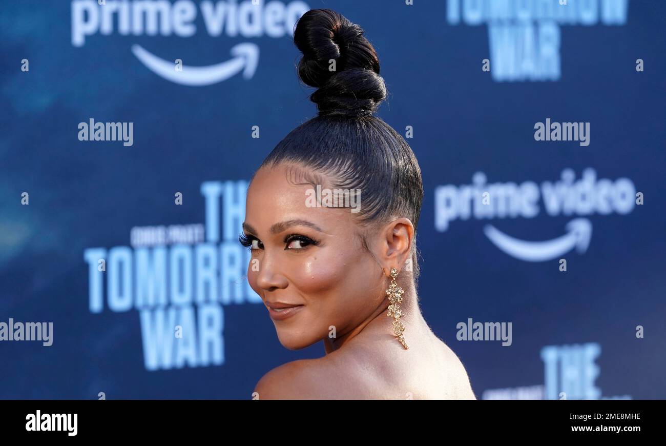 Jasmine Mathews, a cast member in "The Tomorrow War," poses at the Los