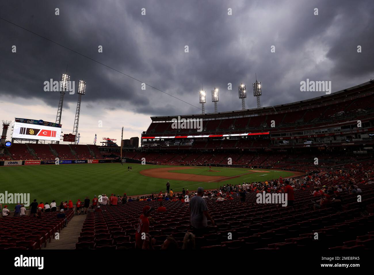 A view of storm clouds as they move over the ballpark prior to a