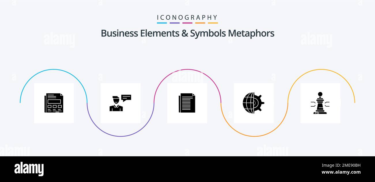 Business Elements And Symbols Metaphors Glyph 5 Icon Pack Including chess. setting. conversation. globe. paper Stock Vector