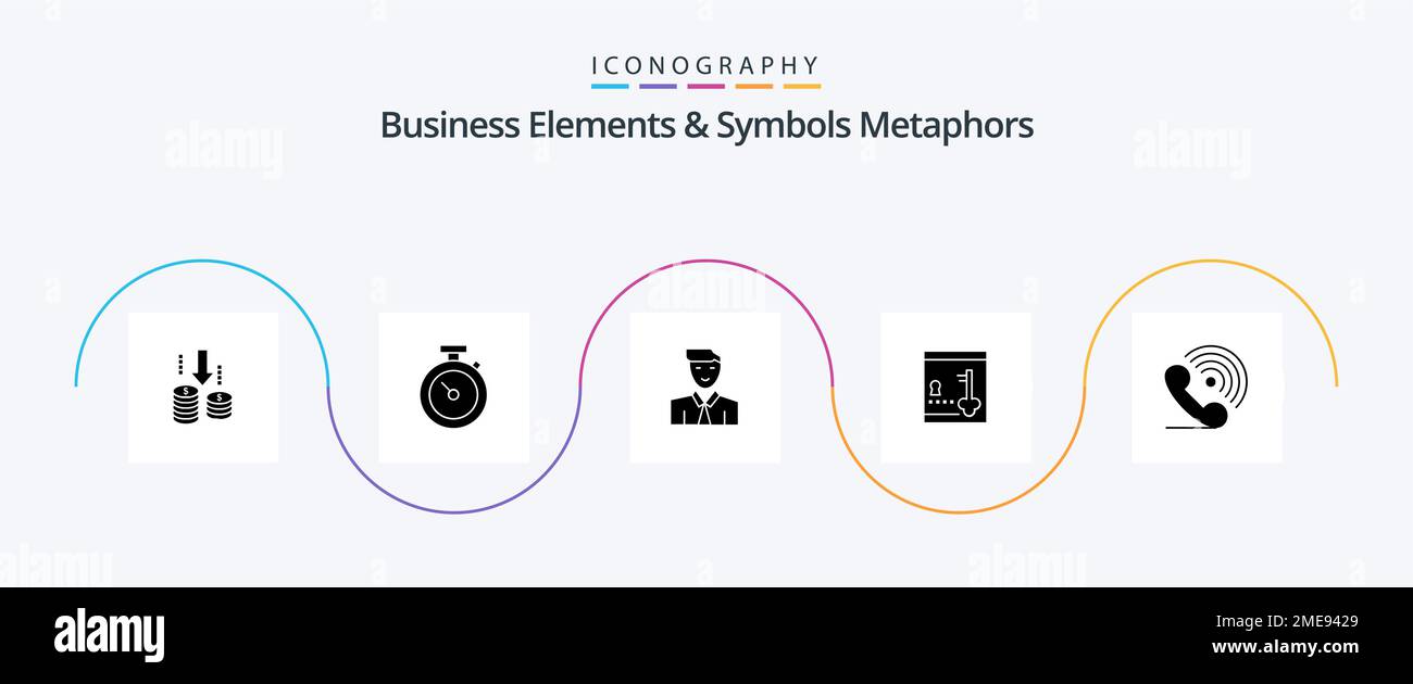 Business Elements And Symbols Metaphors Glyph 5 Icon Pack Including call. lock. man. locker. avatar Stock Vector