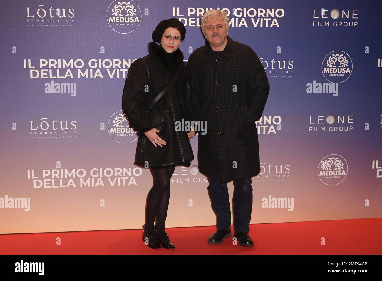 Rome, Italy. 23rd Jan, 2023. Susy Laude (l) and Dino Abbrescia (r) attend  the red carpet of the movie "Il primo giorno della mia vita" at The Space  Cinema Modreno. (Photo by