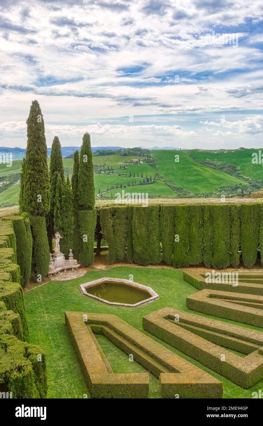 Renaissance-styled gardens designed by Cecil Pinset, at La Foce estate, an historic Italian Tuscan residence revived by Antonino and Iris Origo. Stock Photo