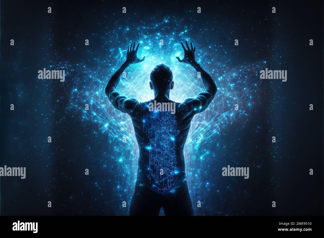 Man controls energy, futuristic system of transformation, generative AI