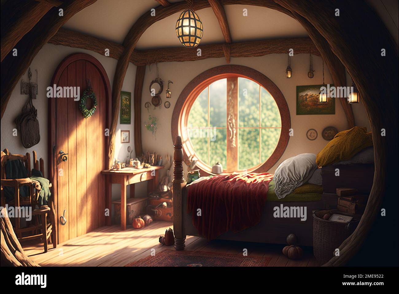 Hobbit house interior, inside fantasy wooden hut in forest, generative AI. Vintage bedroom in fairytale habitation with round window. Theme of nature, Stock Photo
