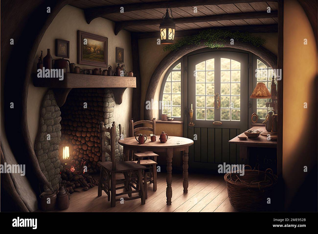Hobbit house interior, inside fantasy wooden hut with fireplace in forest, generative AI. Vintage room in fairytale habitation. Theme of fairy tale ho Stock Photo