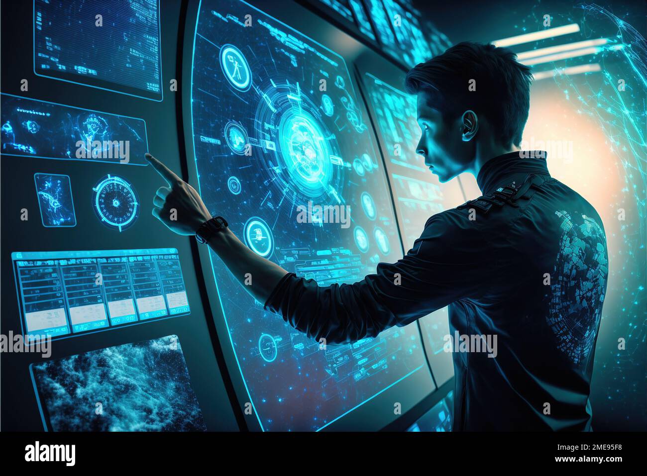 Man works with futuristic dashboard, computer system with touch interface,  generative AI. Person uses space technology. Concept of artificial intellig  Stock Photo - Alamy