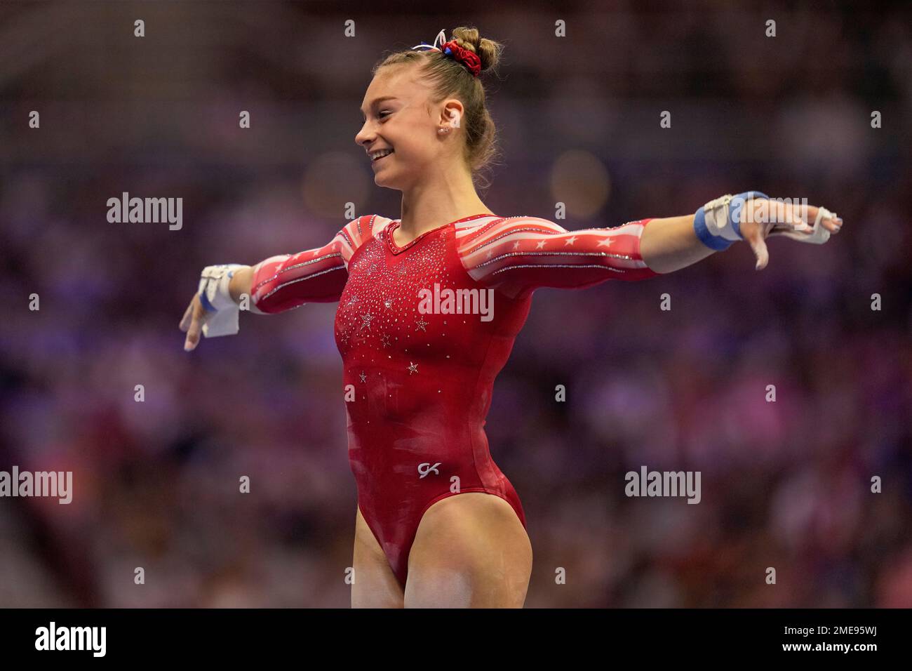 Grace McCallum after competing on the uneven bars during the women's U