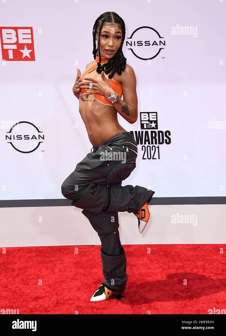 Coi Leray arrives at the BET Awards on Sunday, June 27, 2021, at the ...