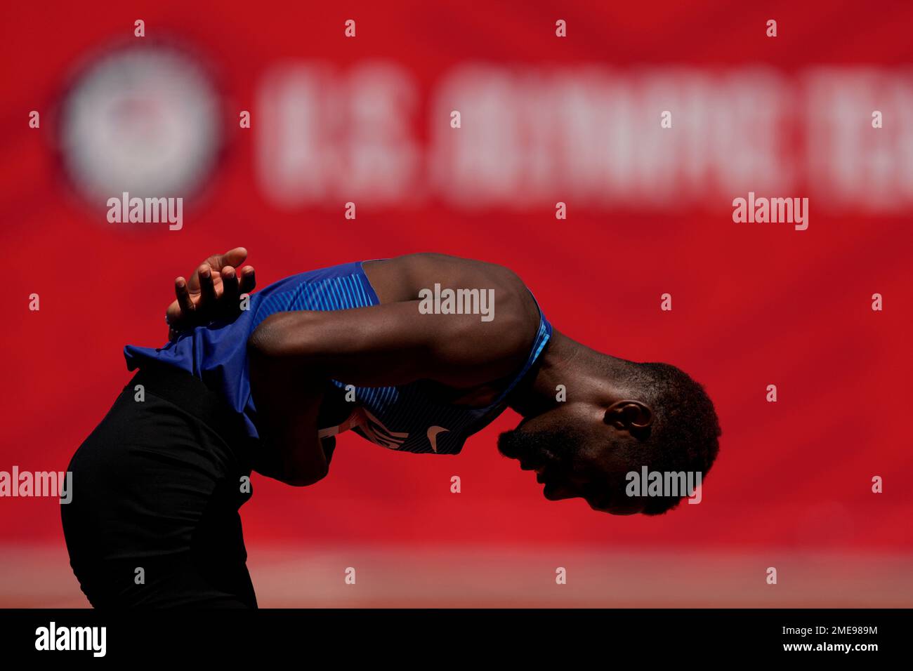 Shelby McEwen celebrates after the finals of the men's high jump at the