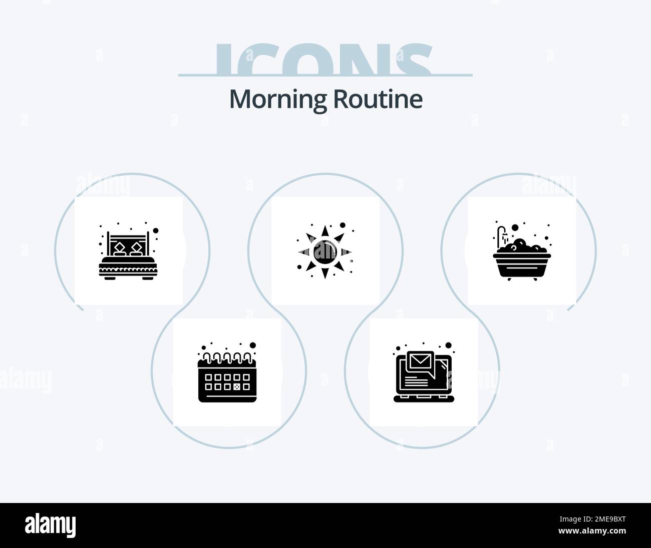 Morning Routine Glyph Icon Pack 5 Icon Design. bathtub. sun. bed. rise