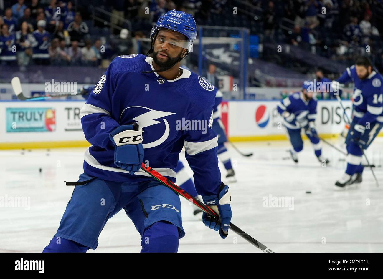 Tampa Bay Lightning center Gemel Smith 46 before Game 7 of an NHL hockey Stanley Cup semifinal playoff series against the New York Islanders Friday June 25 2021 in Tampa Fla. AP