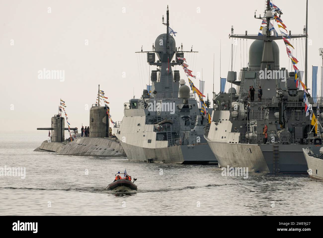 Russian submarines and warships are moored at the St. Petersburg Marine