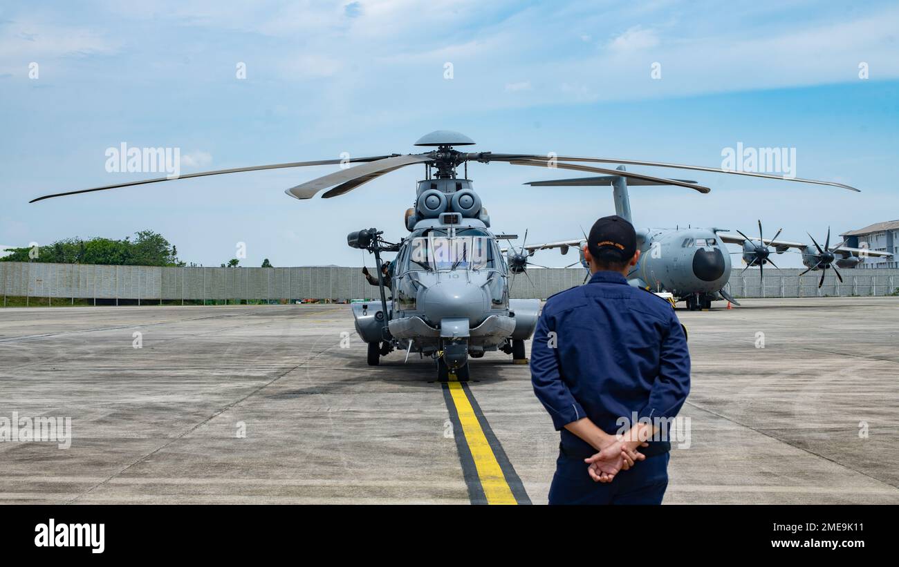 A Royal Malaysian Air Force EC725 helicopter is prepped for rotor ...