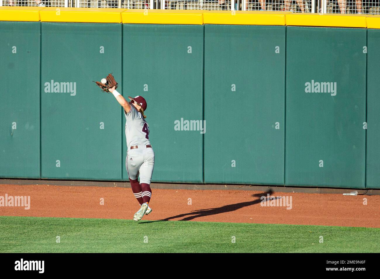Mississippi State outfielder Rowdey Jordan (4) makes a catch against