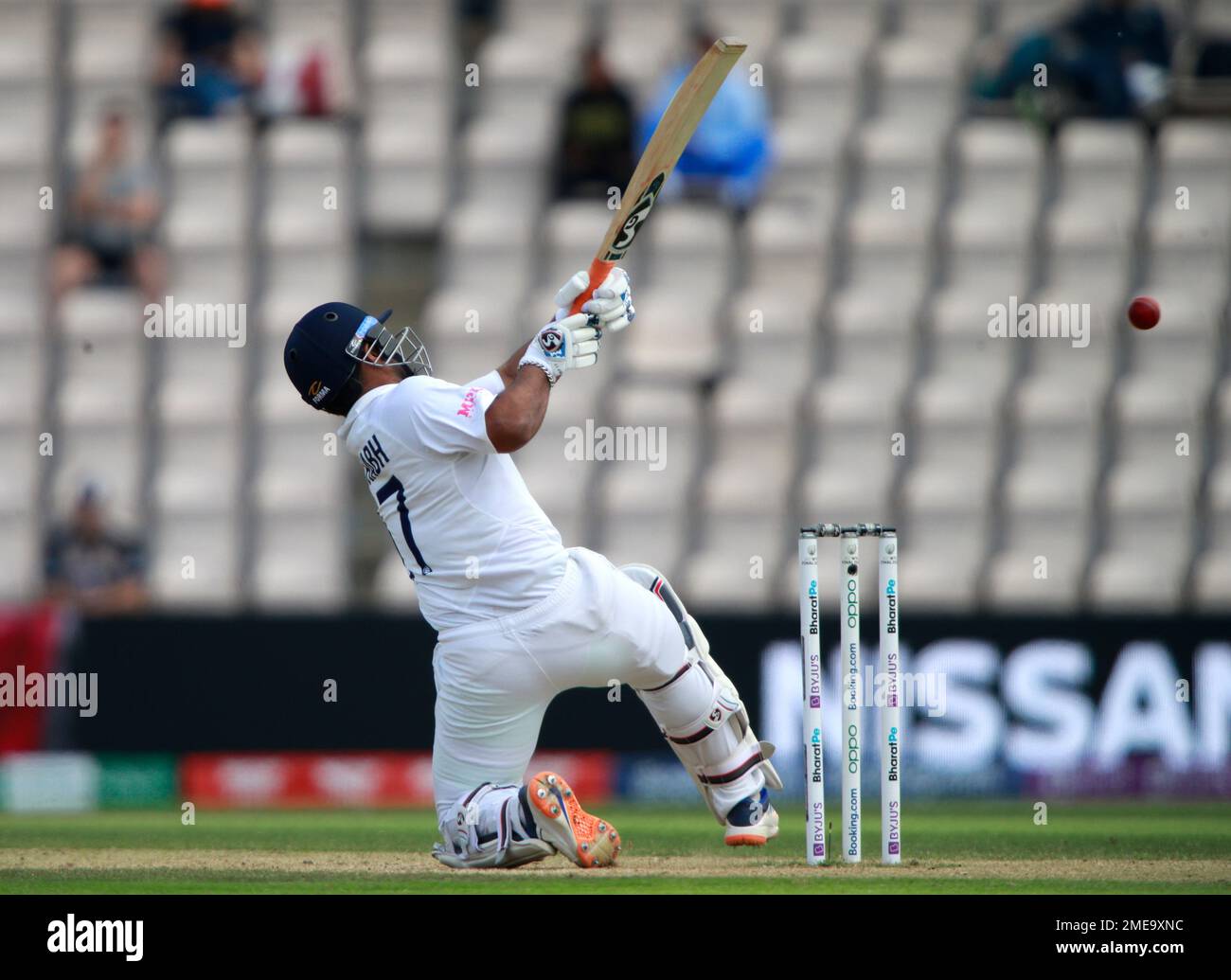 Indias Rishabh Pant attempts to play a shot during the sixth day of the World Test Championship final cricket match between New Zealand and India, at the Rose Bowl in Southampton, England,