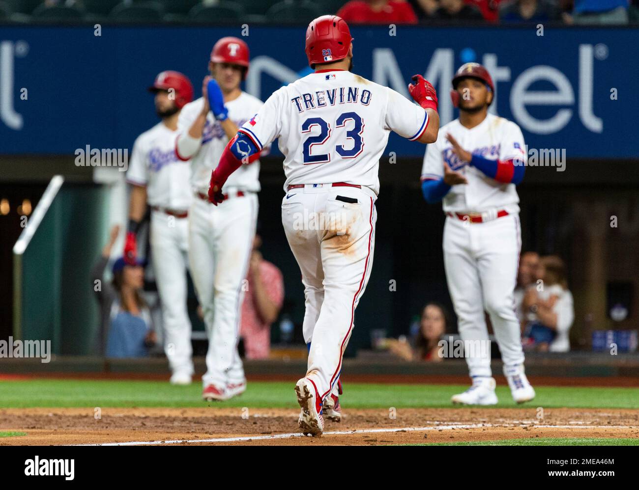 Texas Rangers' Jose Trevino (23) runs toward home plate after hitting a  home run during the sixth inning of a baseball game against the Oakland  Athletics, Monday, June 21, 2021, in Arlington