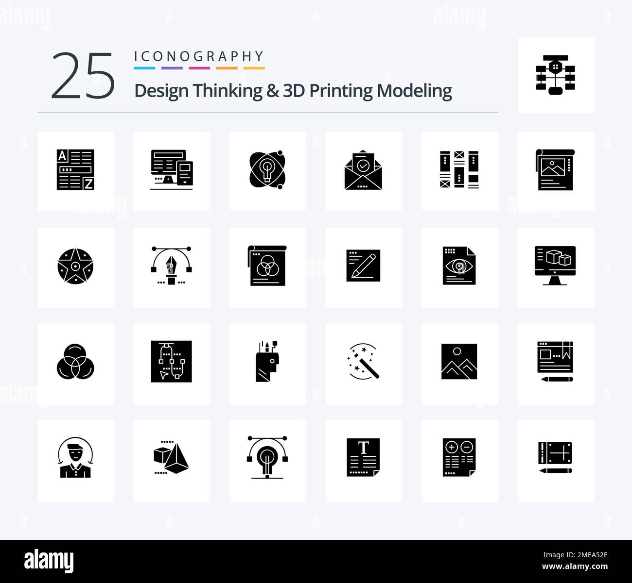 Design Thinking And D Printing Modeling 25 Solid Glyph icon pack including sketching. education. atom. envelope. mail Stock Vector