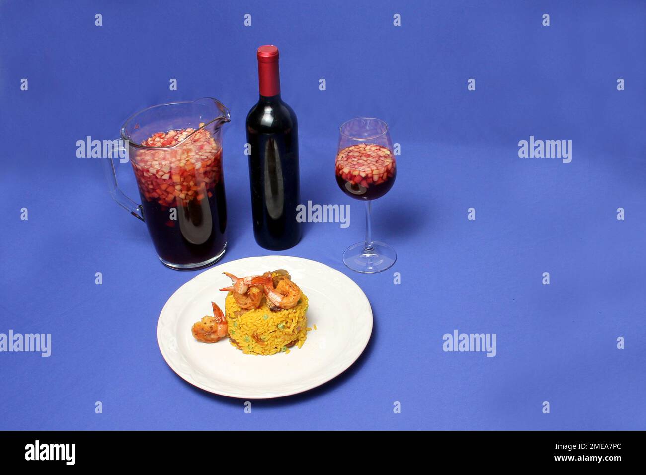 Paella rice prepared with shrimp, saffron, chicken, seafood and