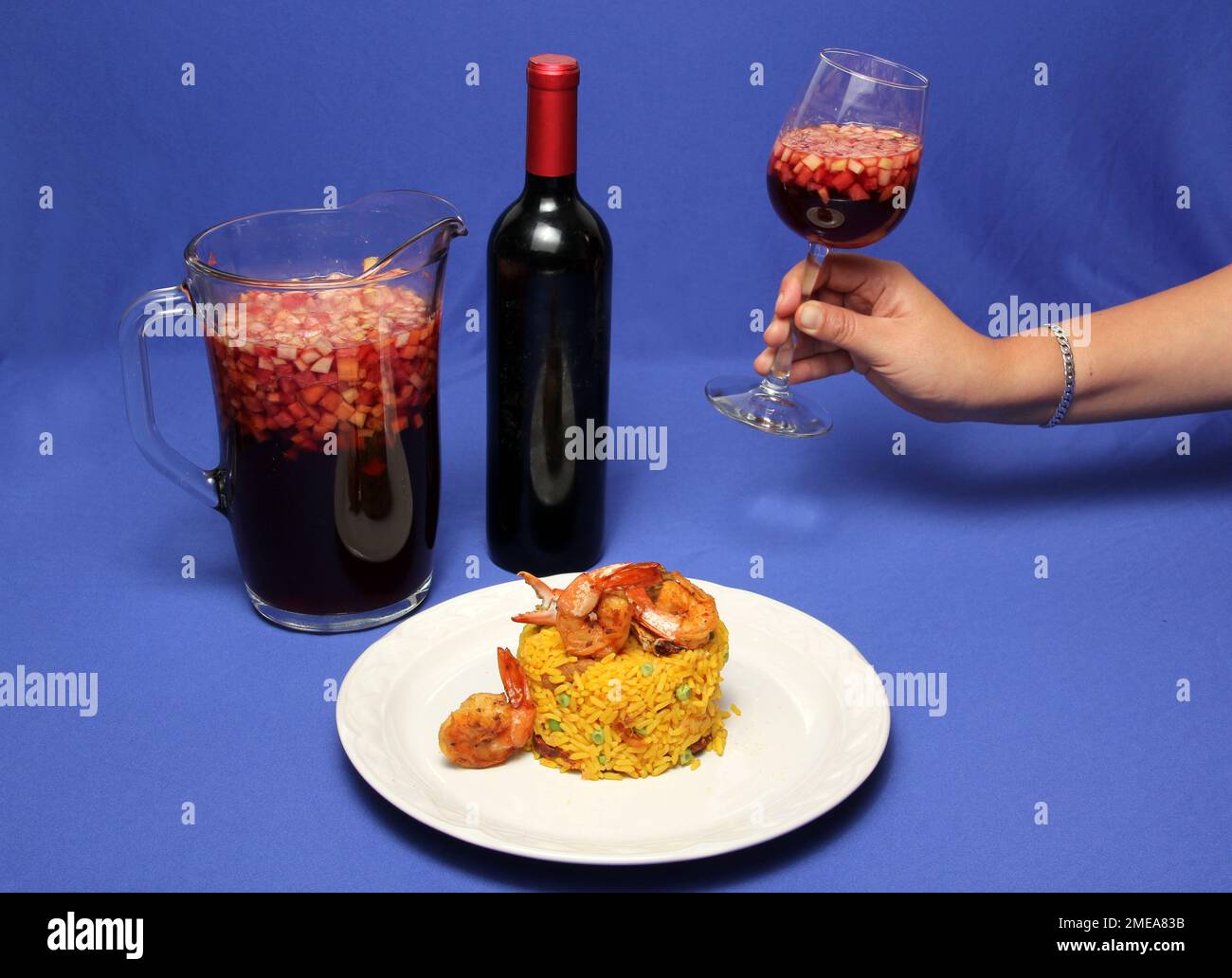 Paella rice prepared with shrimp, saffron, chicken, seafood and