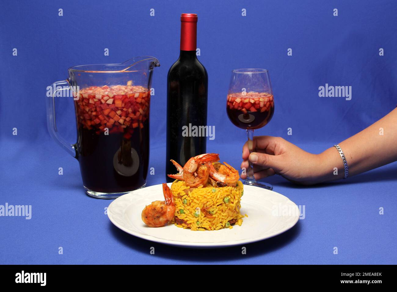 Paella rice prepared with shrimp, saffron, chicken, seafood and