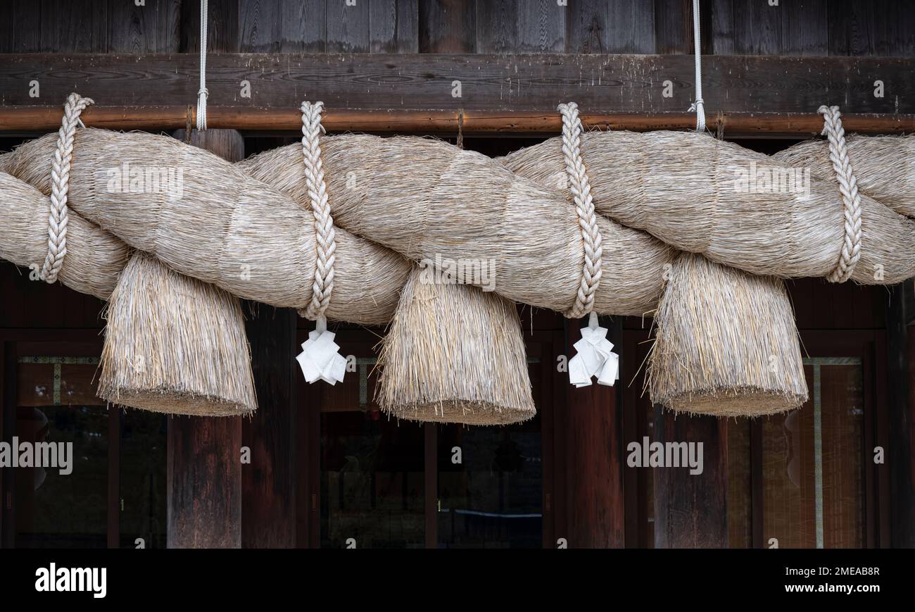 A large rice straw rope (shimenawa) at Izumotaisha, a Shinto shrine in Izumo, Shimane, Japan