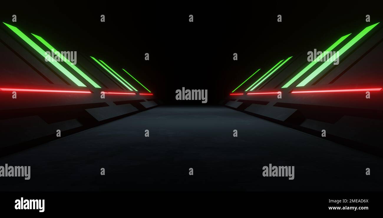 3d rendering of spaceship corridor with green red neon glowing ...
