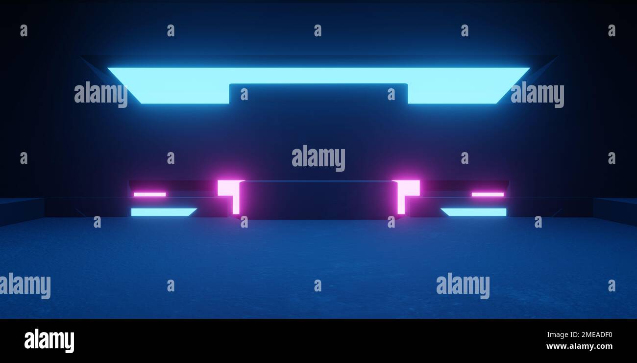 3d rendering of spaceship corridor neon glowing blue purple background ...