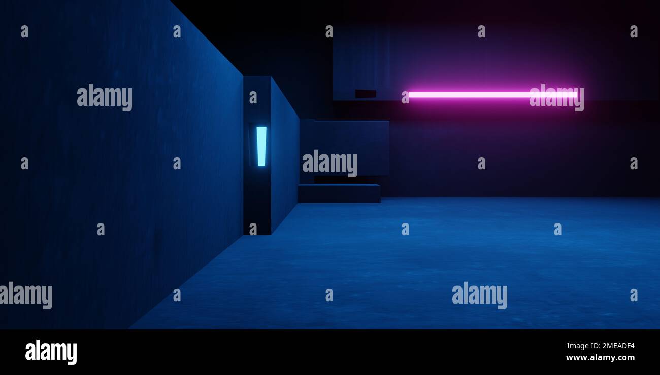 3d rendering of spaceship corridor neon glowing blue purple background ...