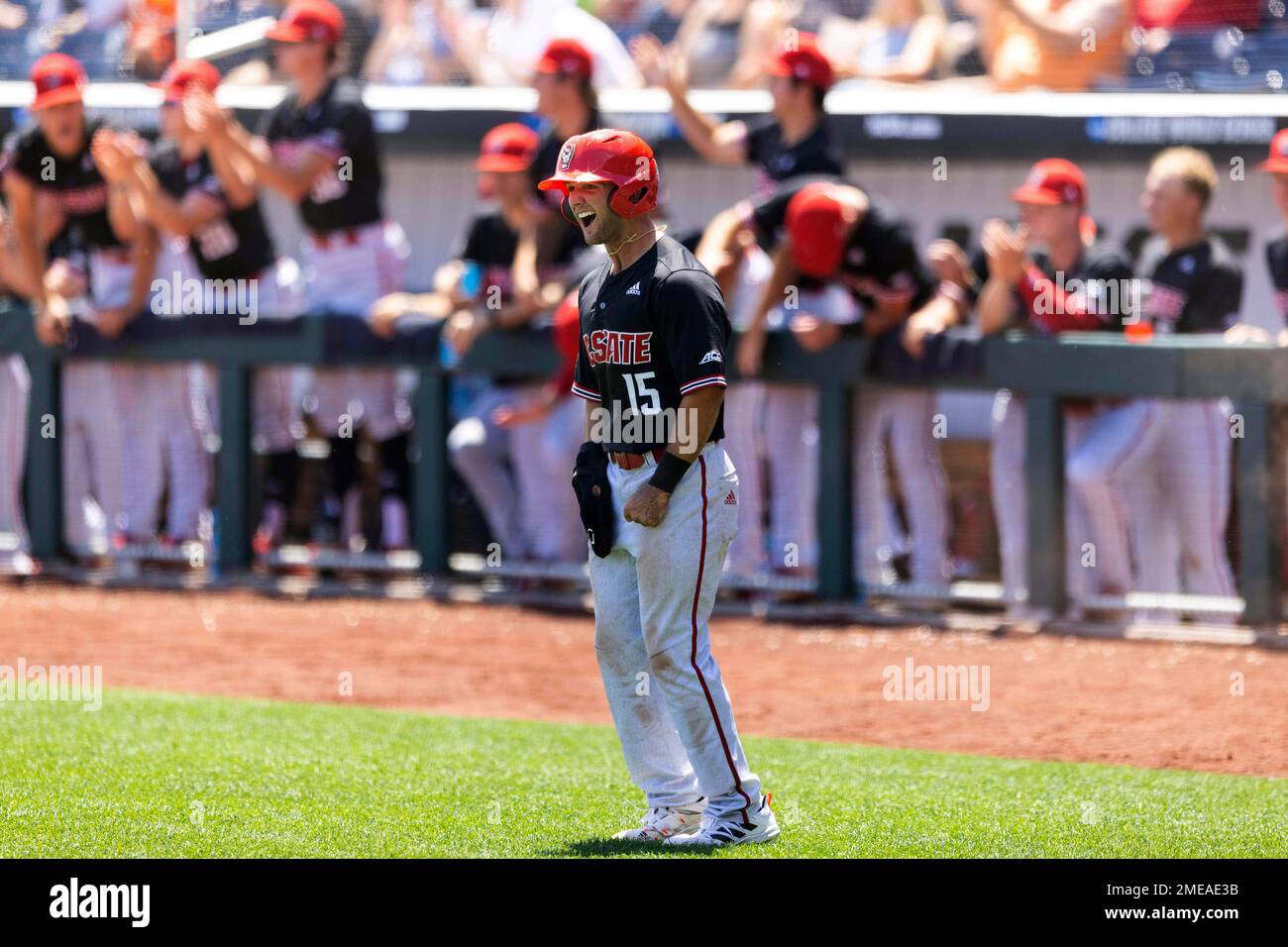 North Carolina State's J.T. Jarrett (15) runs to first base during an NCAA  baseball game on Tuesday, May 11, 2021, in Raleigh, N.C. (AP Photo/Ben  McKeown Stock Photo - Alamy