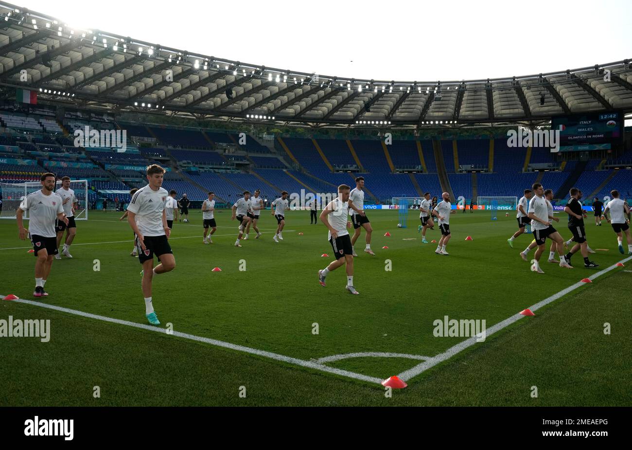 Players of Wales warm up during a team training session at Olympic stadium  in Rome, Saturday, June 19, 2021 the day before the Euro 2020 soccer  championship group A match between Italy